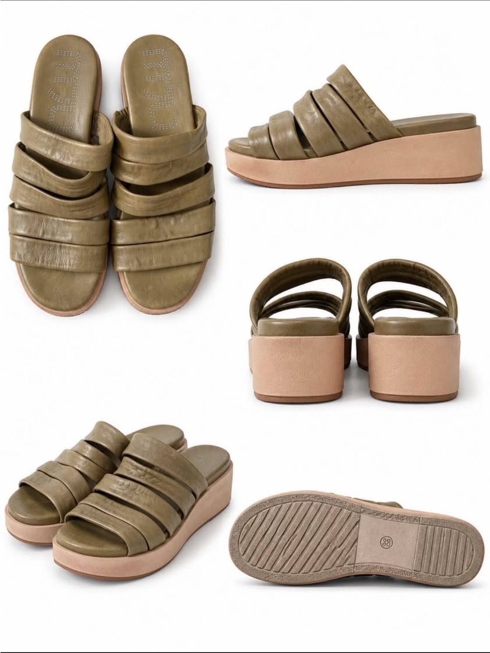 MJUS Olive Strappy Platform Slide Mules with Tan Wedge Sole